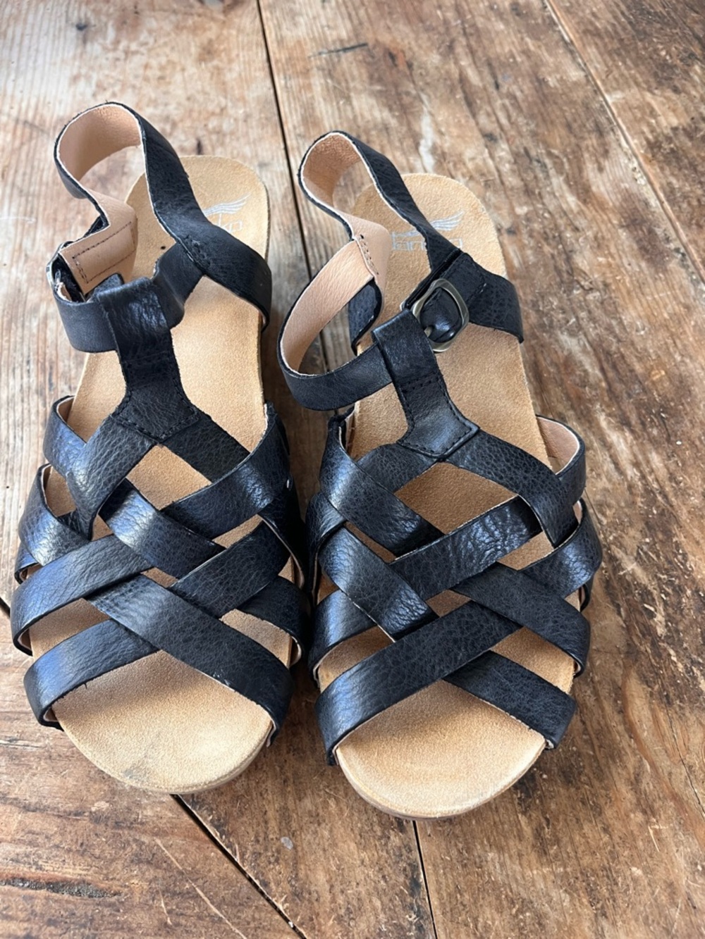 Dansko Tinley Black Leather Woven Sandals